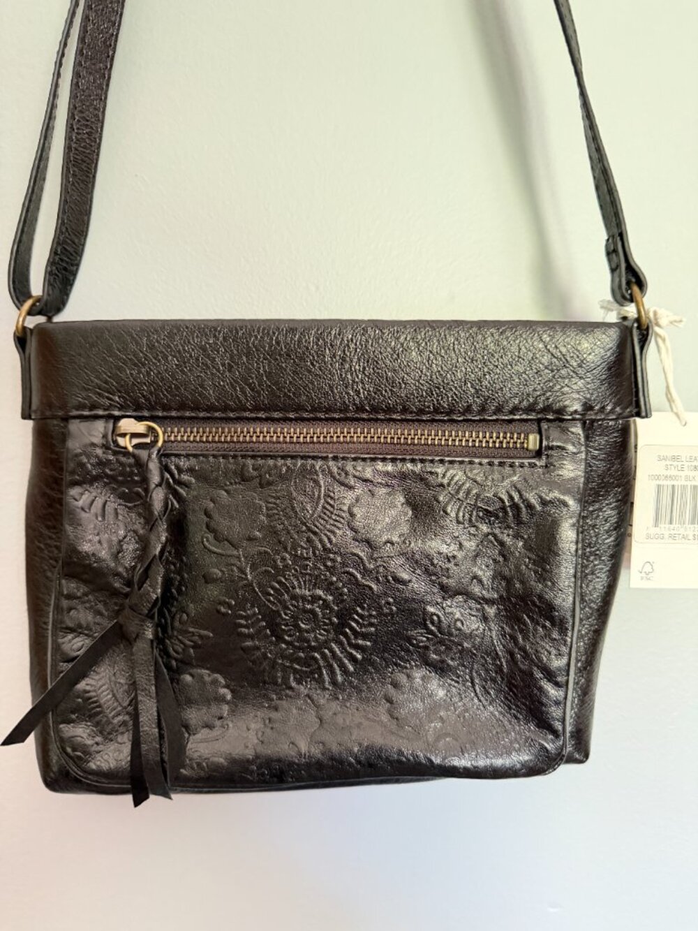 The Sak Sanibel Mini Crossbody in Black Leather Floral Embossed Design NWT!